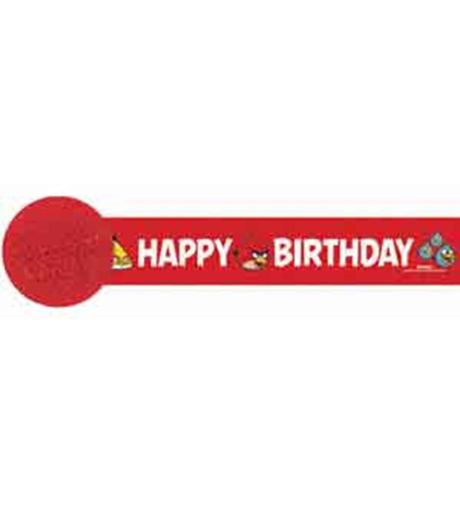 Red crepe paper streamer with white "Happy Birthday" text and Angry Birds Space character graphics.