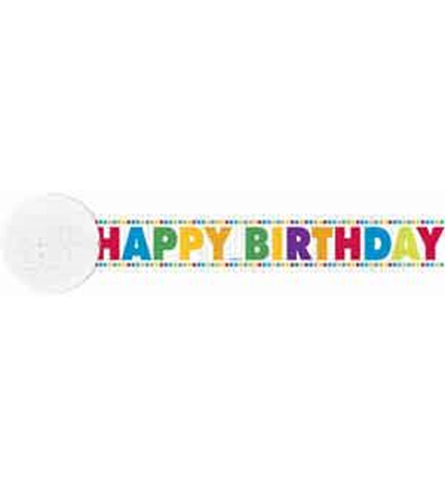 White plastic spool with colorful "Happy Birthday" crepe streamer featuring multi-colored letters on white background.