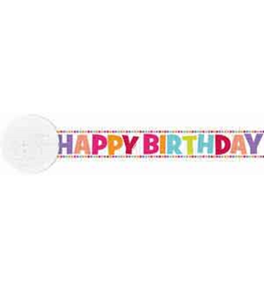 Colorful "Happy Birthday" crepe paper streamer with multicolored block letters on white background, 30ft long.