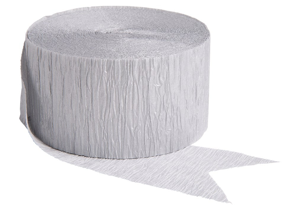 Rolled silver crepe paper streamer with textured, crinkled surface and torn end edge.