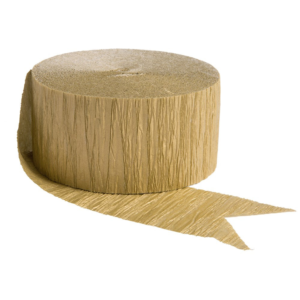 Gold crepe paper roll with a textured, crinkled surface and cut ribbon end.