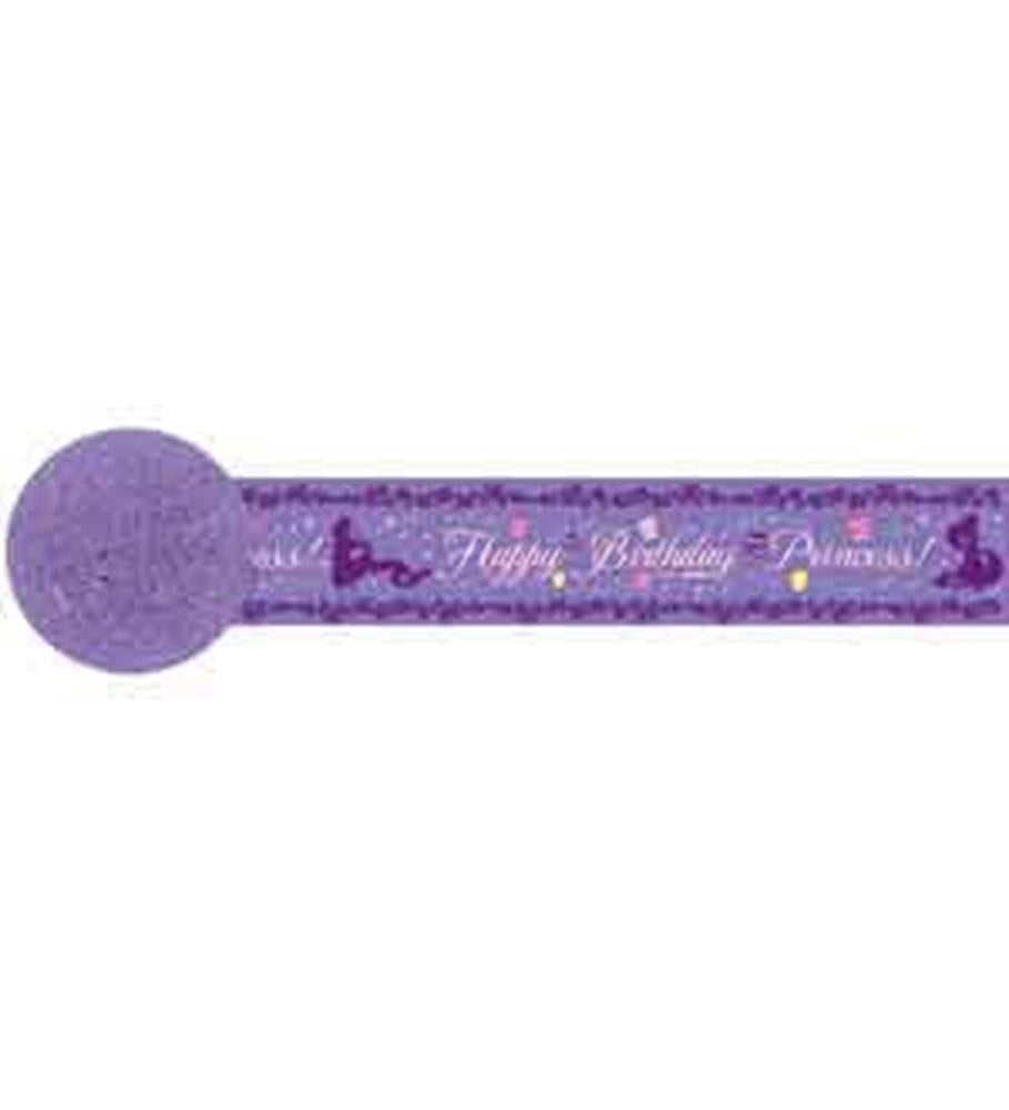 Purple crepe paper streamer with Disney Rapunzel graphics and "Happy Birthday" text in gold glitter accents.