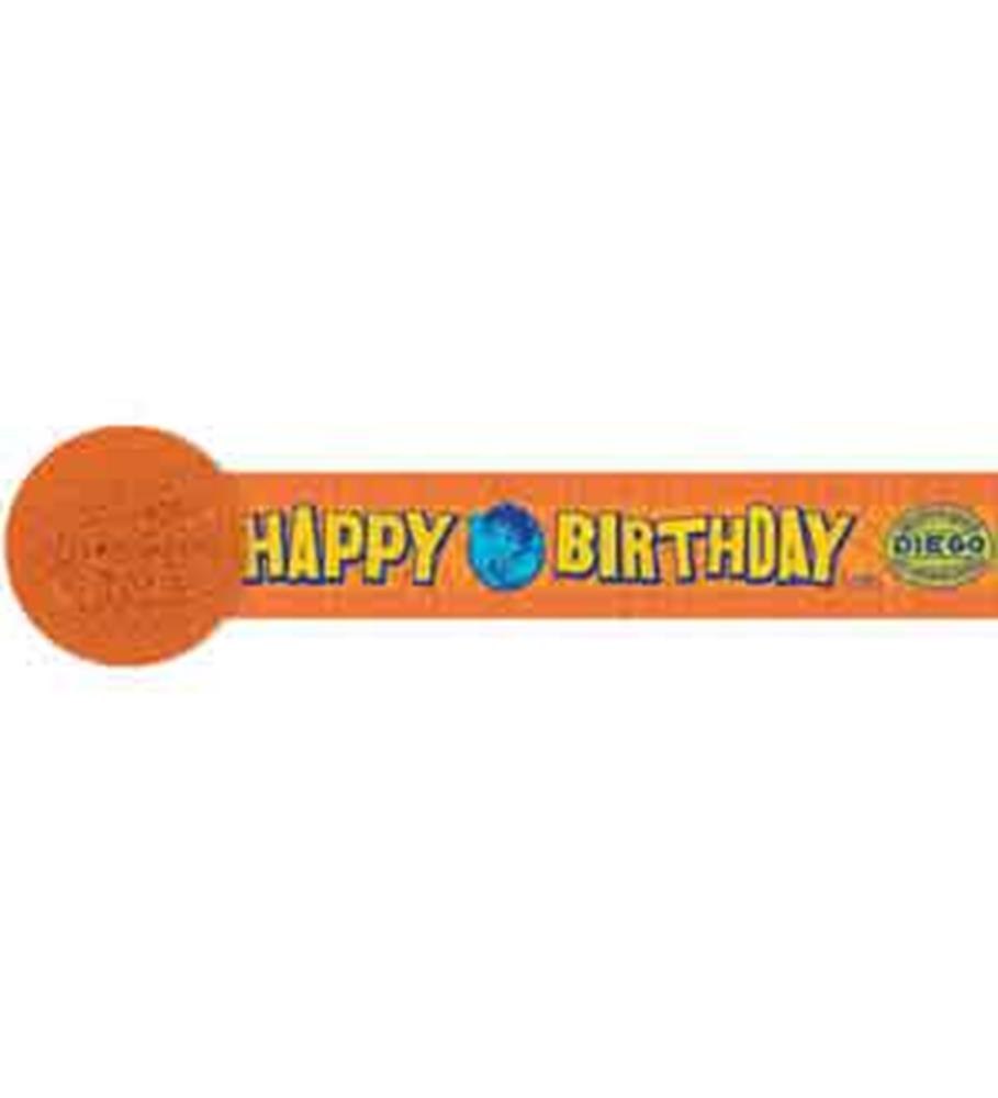 Orange crepe paper streamer with blue and yellow "Happy Birthday" text and globe graphic, 30 feet long.