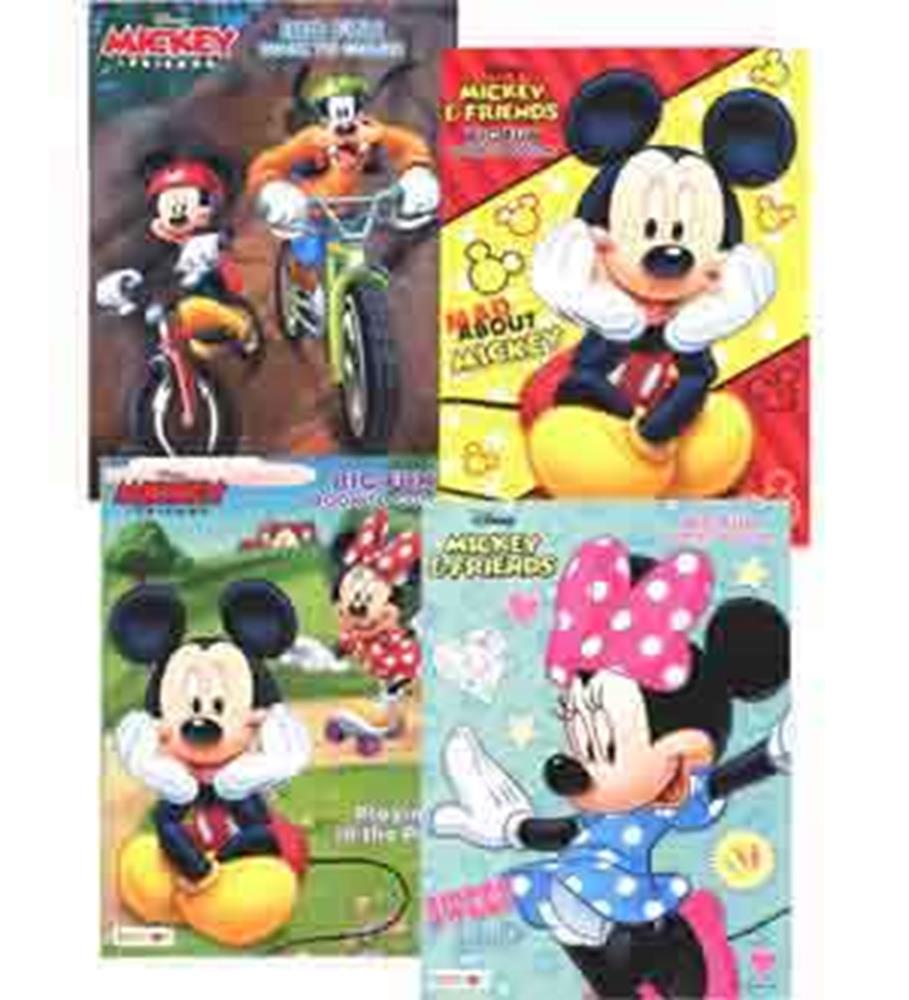 Set of four colorful Disney coloring books featuring Mickey and Minnie Mouse in playful poses on vibrant covers.