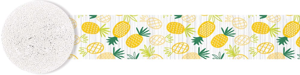 White crepe paper streamer printed with repeating yellow pineapples and green leaves pattern.