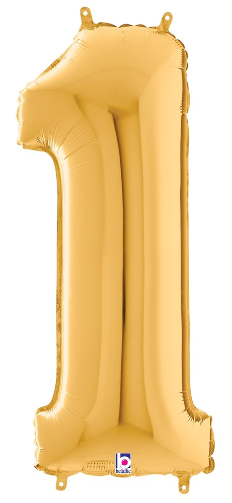 34-inch gold foil balloon shaped like the number 1 with glossy finish and inflation tabs.