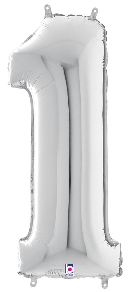 34-inch silver foil balloon shaped like the number 1 with a glossy finish.
