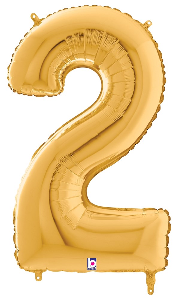 34-inch gold foil balloon shaped like the number 2 with a shiny metallic finish.