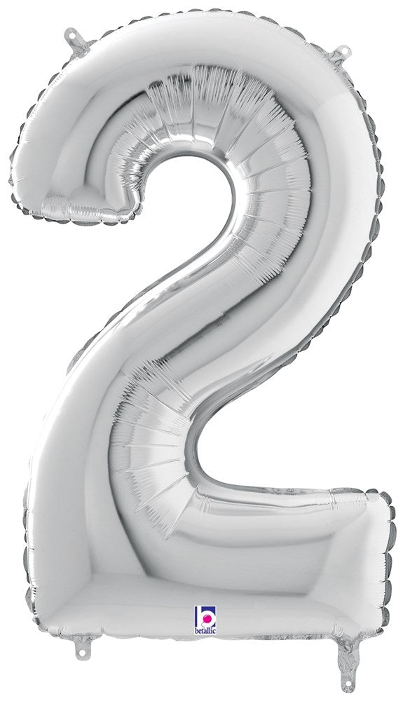 Silver foil balloon shaped like the number 2, 34 inches tall, with a shiny metallic finish.