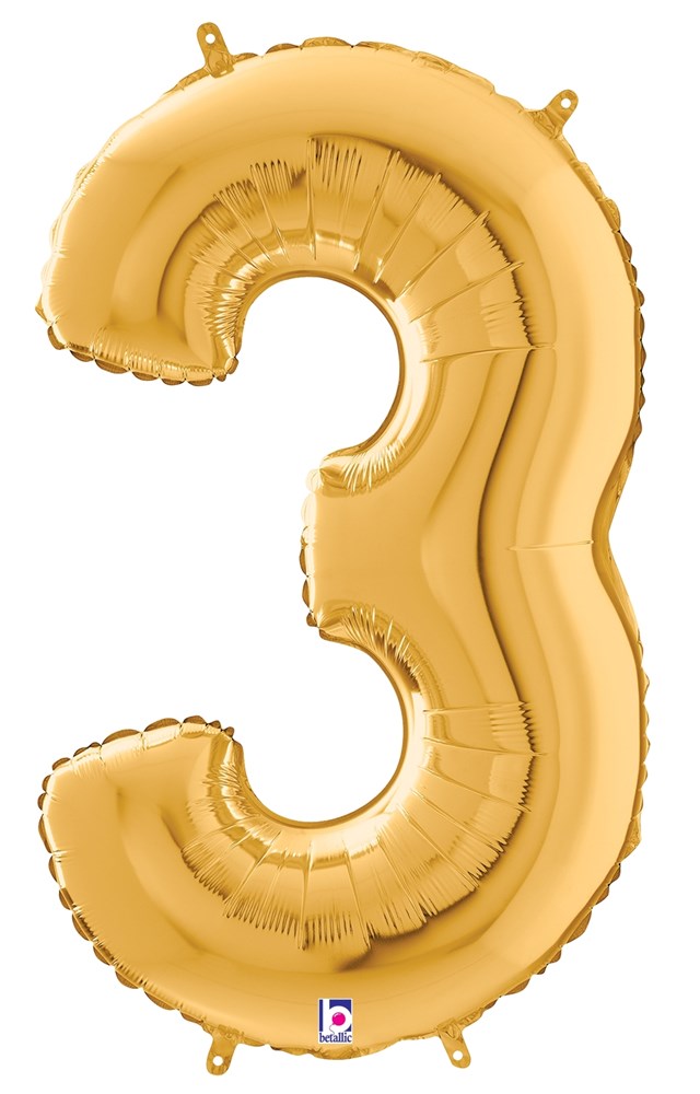 34-inch gold foil balloon shaped like the number 3 with a shiny metallic finish.