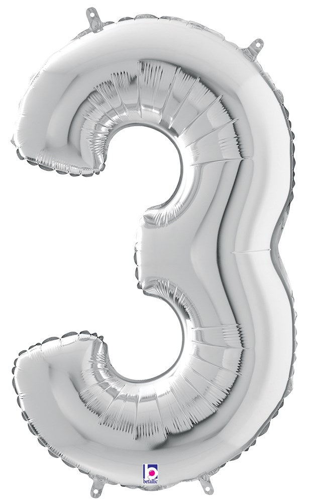 Silver foil balloon shaped like the number 3 with a glossy finish and inflated edges.