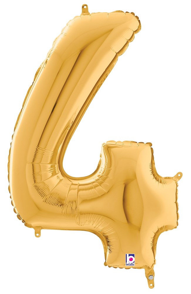 34-inch gold foil balloon shaped as the number 4 with a glossy finish.