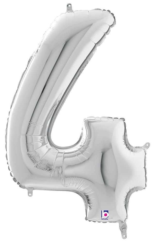 Silver foil balloon shaped like the number 4, 34 inches tall, shiny metallic finish.