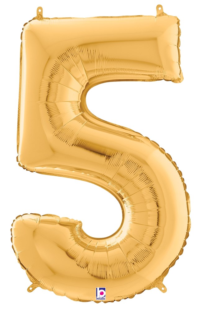 Gold foil balloon shaped as the number 5, 34 inches tall with a shiny metallic finish.