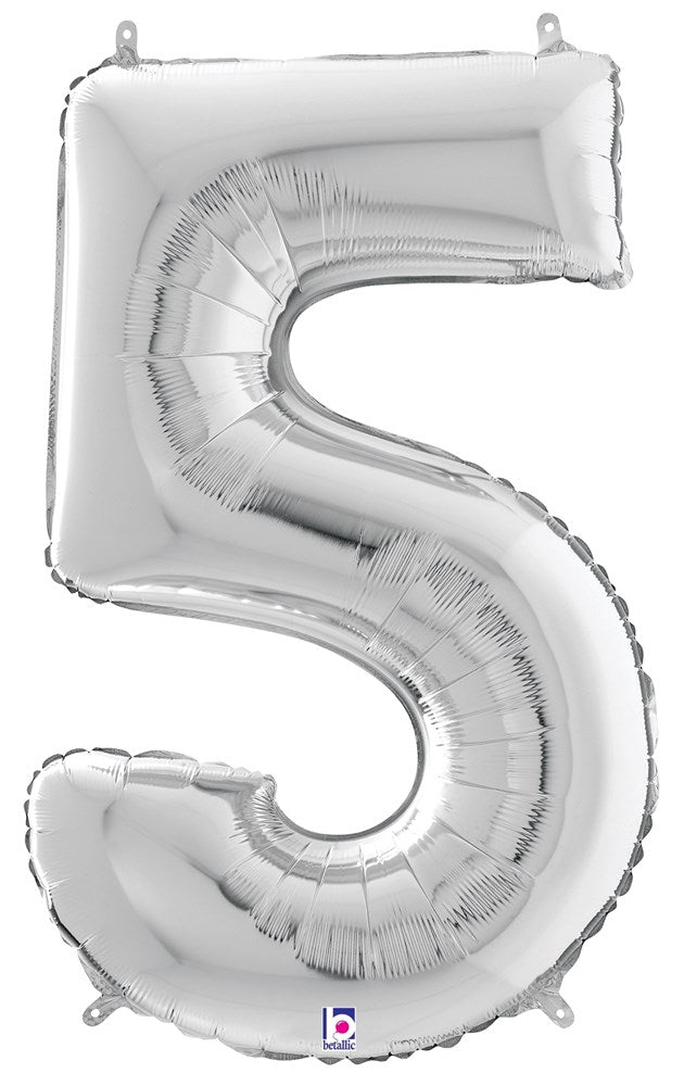 Large silver foil balloon shaped as the number 5, shiny metallic finish, 34 inches tall.