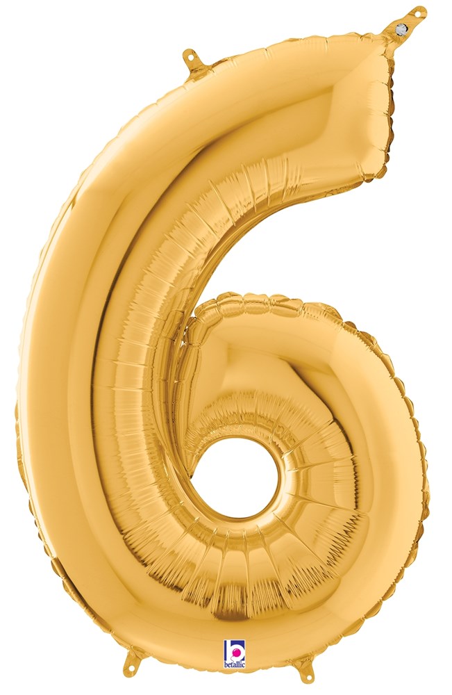 Gold foil balloon shaped as the number 6, 34 inches tall with a glossy finish.
