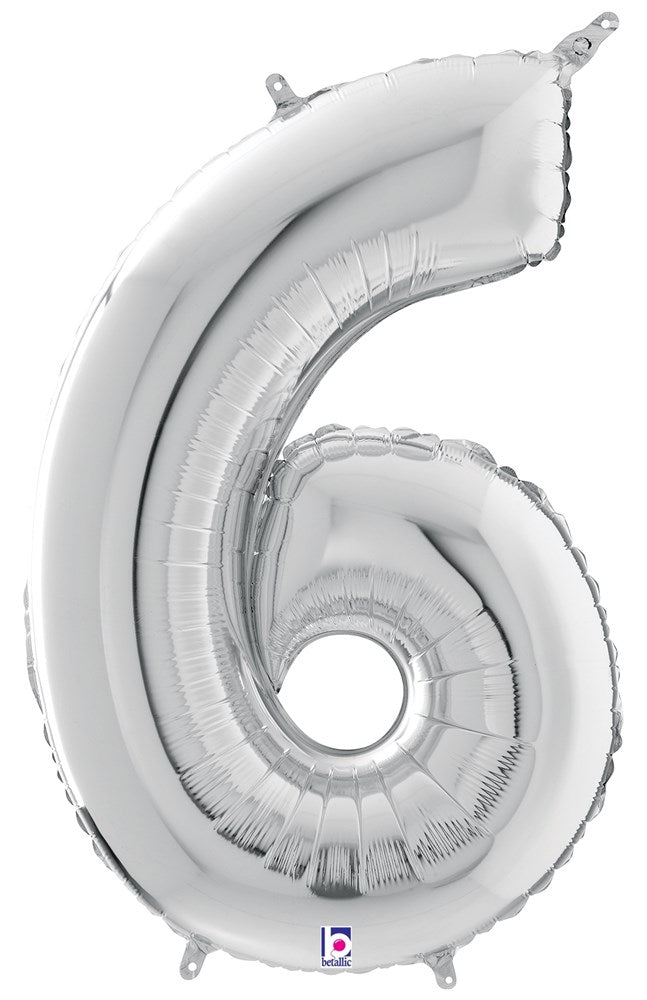 Silver foil balloon shaped as the number 6, 34 inches tall with a shiny, reflective surface.