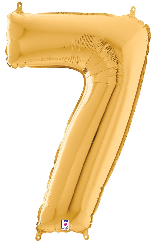 34-inch gold foil balloon shaped like the number 7 with a shiny metallic finish.