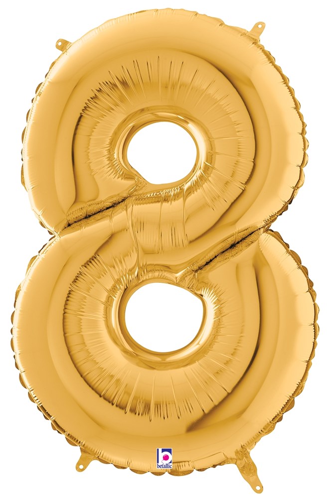 Gold foil balloon shaped as the number 8 with a shiny metallic finish, 34 inches tall.
