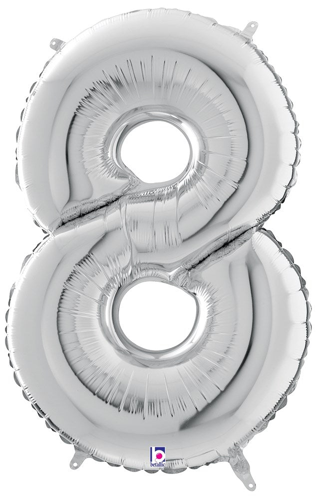 Silver metallic foil balloon shaped as the number 8, 34 inches tall with slight shine and sealed edges.