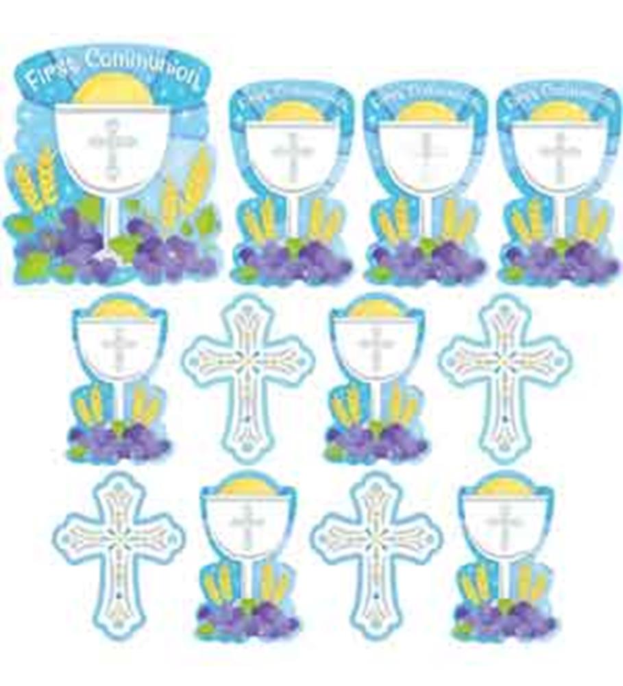 Blue and white First Communion cutouts featuring chalices, crosses, and floral accents in purple and yellow.