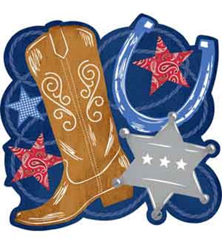 Brown cowboy boot with white stitching, silver sheriff badge, and blue horseshoe with red star cutouts.