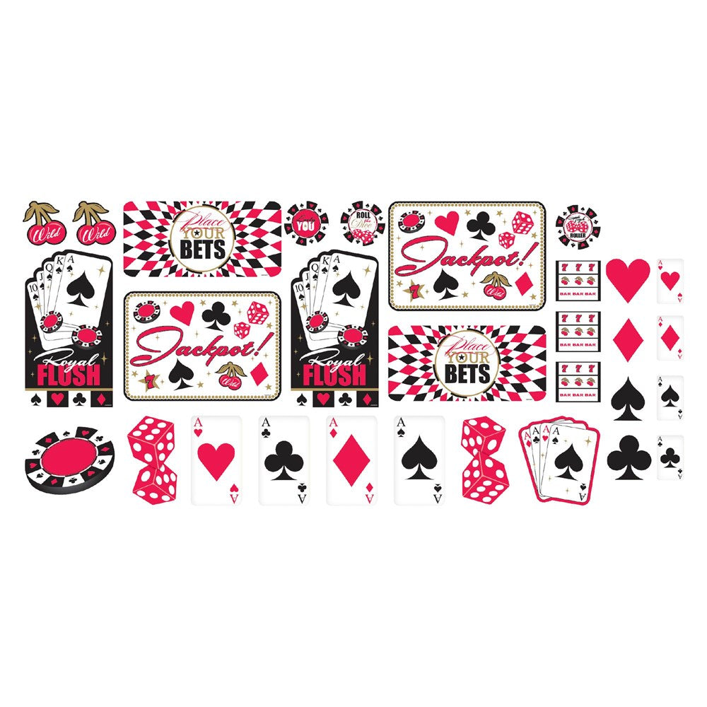 Casino-themed cutouts featuring playing cards, poker chips, dice, and "Place Your Bets" signs in red, black, and white colors.