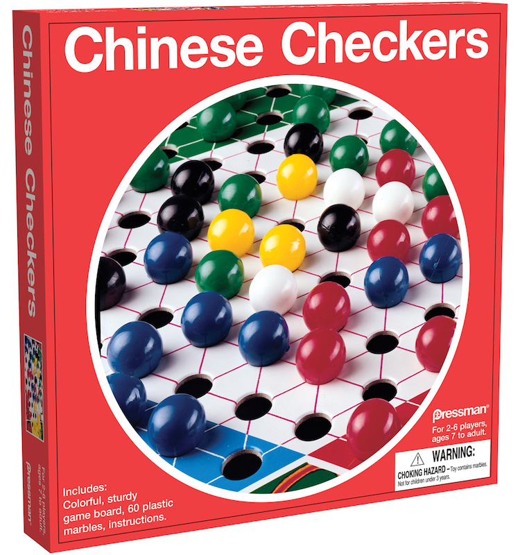 Chinese Checkers board game with colorful red, blue, green, yellow, black, and white marbles on a white hexagonal grid.