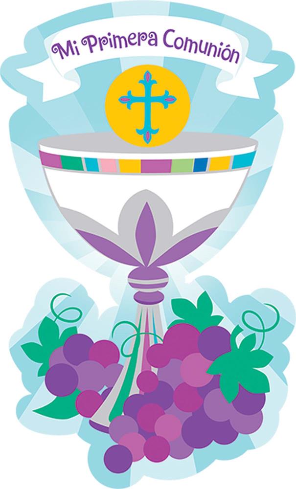 Colorful religious cutout featuring a chalice with a cross, purple grapes, and a banner reading "Mi Primera Comunión".