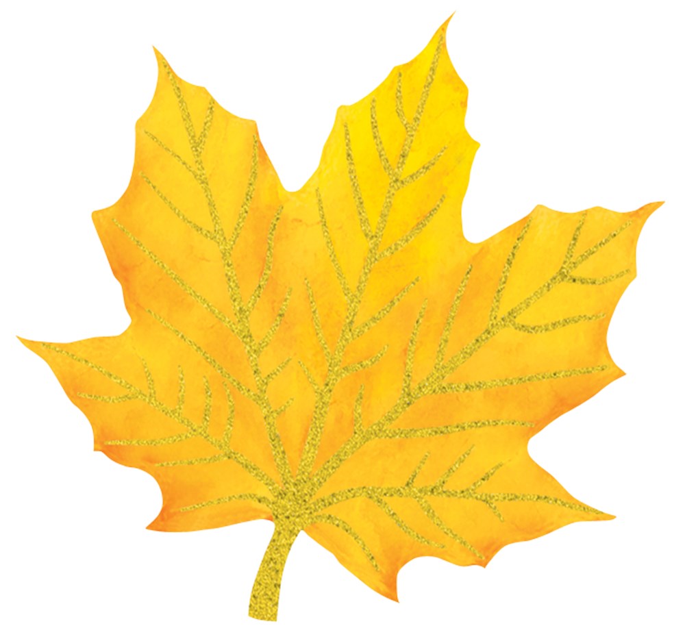 Yellow paper maple leaf cutout with orange accents and gold glitter veins.