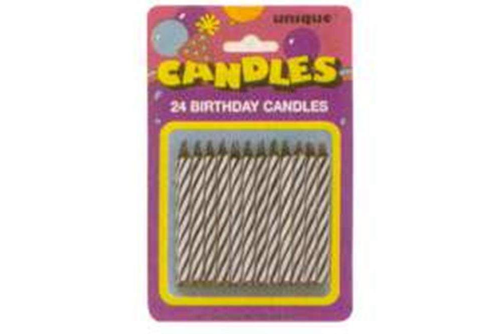 24 black and white spiral birthday candles in a pack with purple and yellow label.