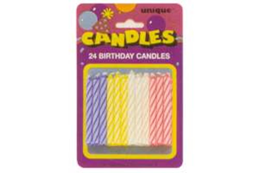 24 multi-colored spiral birthday candles in yellow, purple, white, and pink on purple backing card.