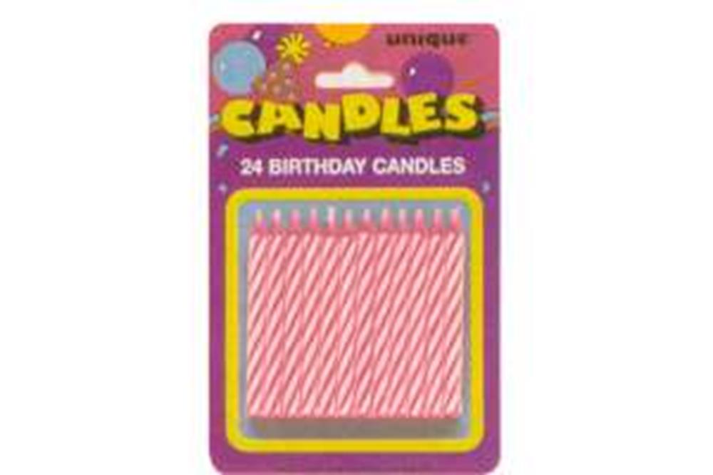 Pack of 24 pink spiral birthday candles on purple and yellow card backing.