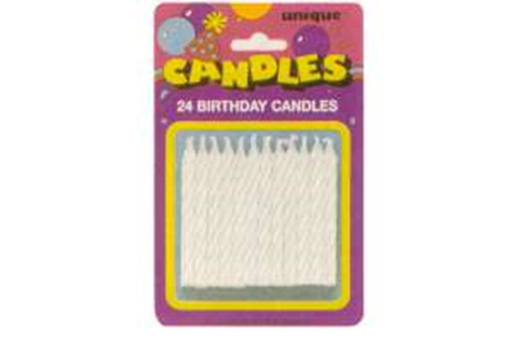 24 white spiral birthday candles in clear plastic pack with purple-yellow backing card.