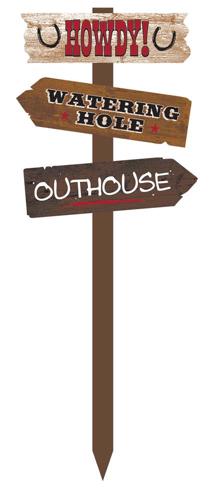 Wooden yard stake with three western-style directional signs reading "HOWDY!", "WATERING HOLE", and "OUTHOUSE" in rustic.