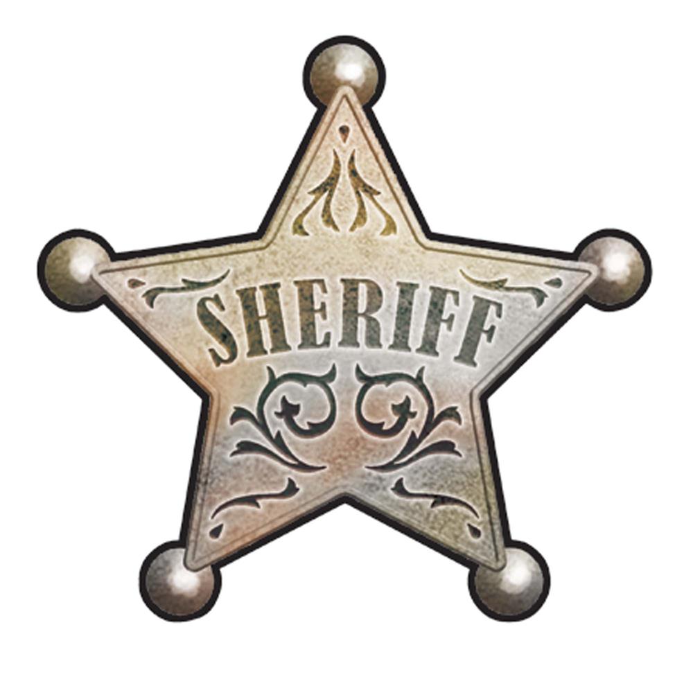 Antique-style silver sheriff badge with engraved scrollwork and bold "SHERIFF" text.