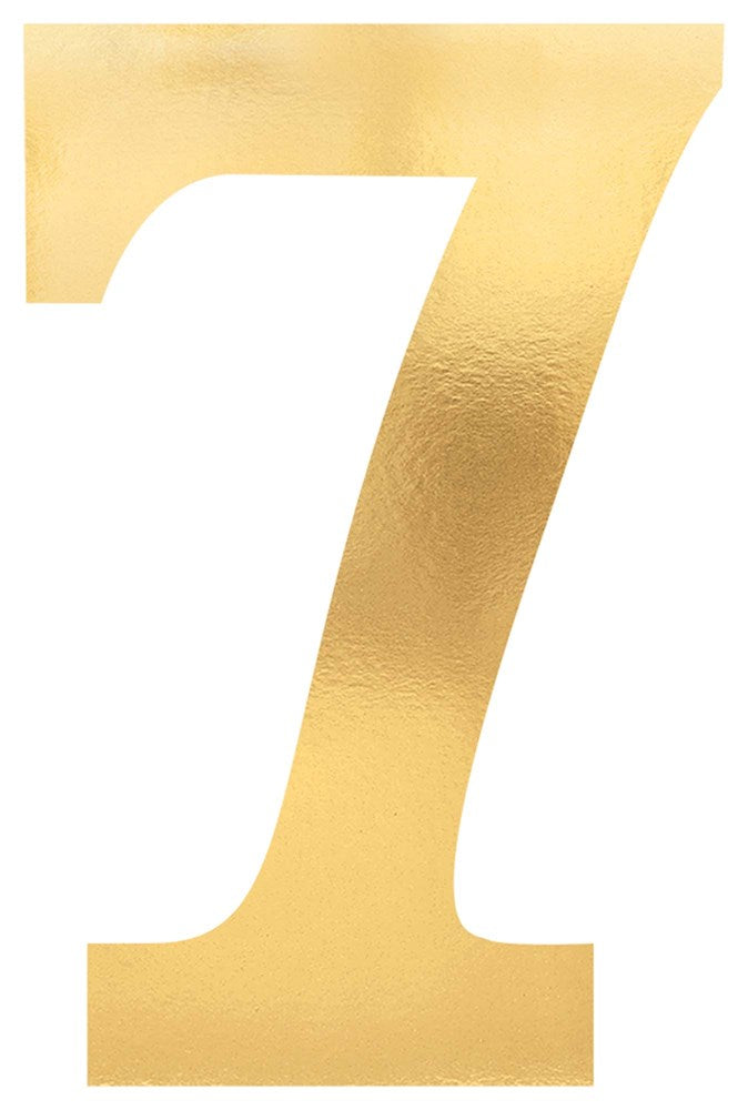 Gold metallic number 7 cutout with smooth edges for party decoration.
