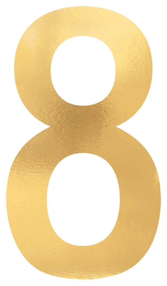 Gold foil number 8 cutout with smooth edges and a reflective surface.