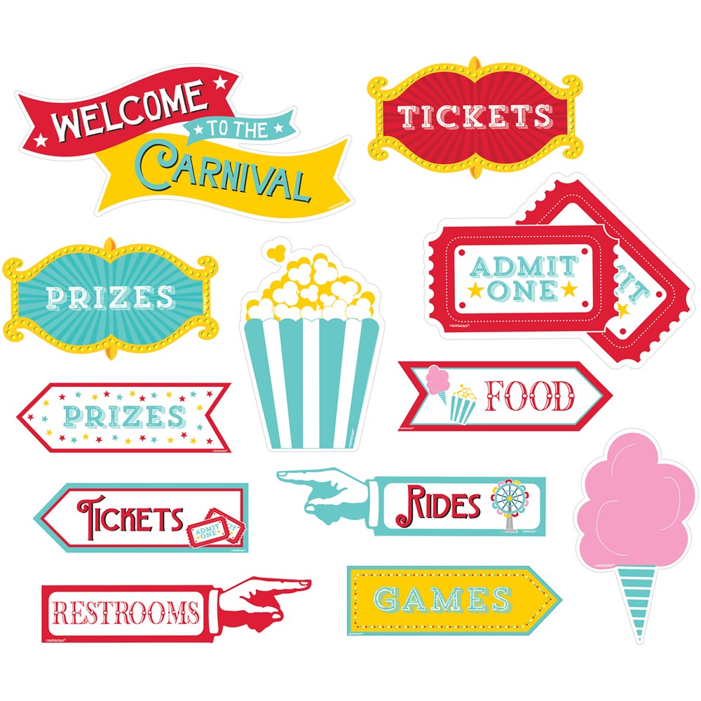 Colorful carnival-themed cutouts featuring popcorn, cotton candy, and signs for tickets, prizes, rides, food, restrooms, and