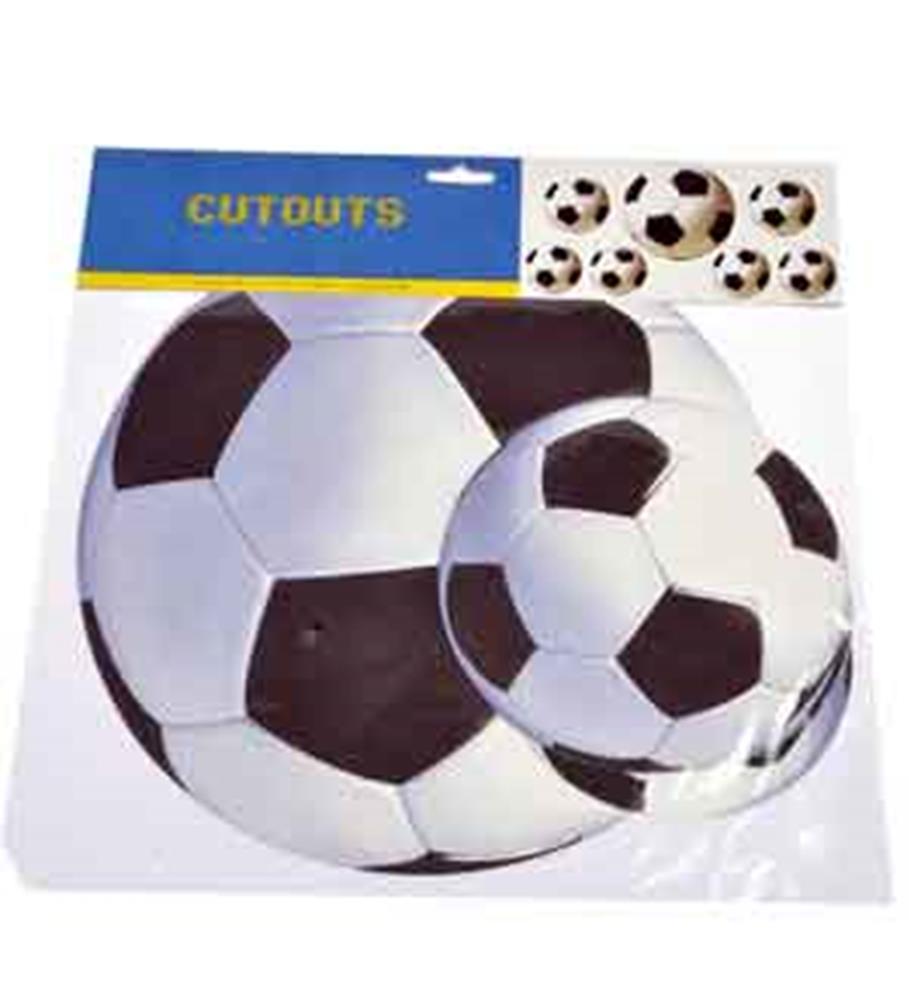 Three black and white soccer ball cutouts in small, medium, and large sizes on a white backing with blue and yellow.
