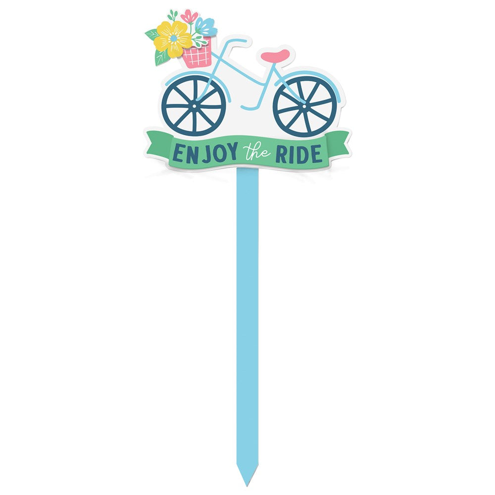Light blue MDF yard stake shaped like a bicycle with a flower-filled basket and "Enjoy the Ride" banner.