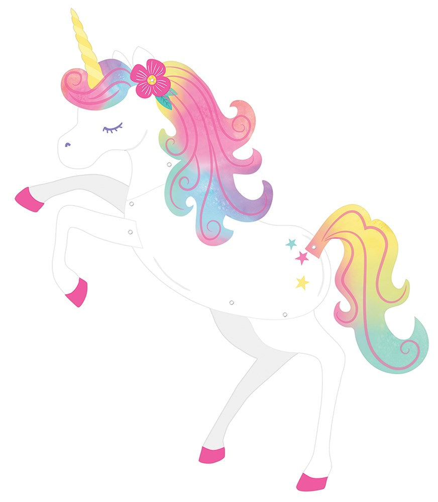 White unicorn cutout with pink, purple, and blue flowing mane, yellow horn, and multicolored tail.