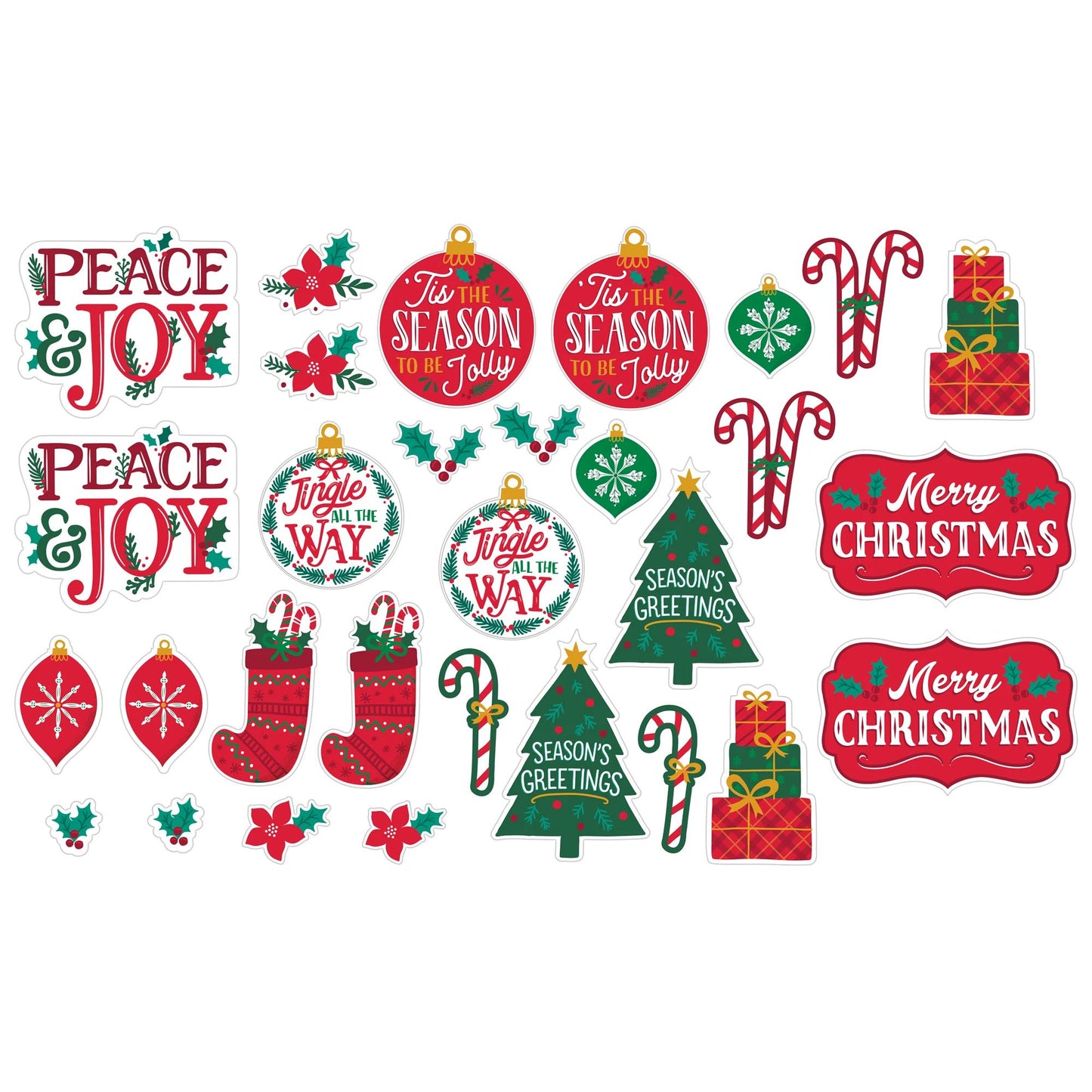 Assorted colorful Christmas cutouts including Peace & Joy signs, stockings, candy canes, presents, holly, snowflakes,.