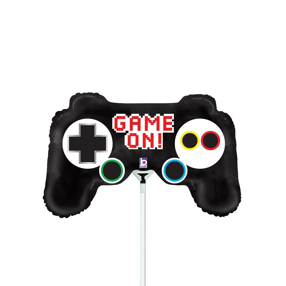 Black game controller-shaped balloon with white buttons and "Game On!" text in red and white.