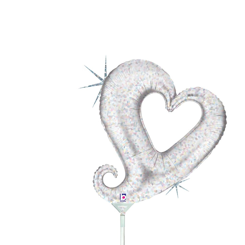 Silver holographic foil balloon shaped like a stylized heart with a curled tail, 14 inches tall.