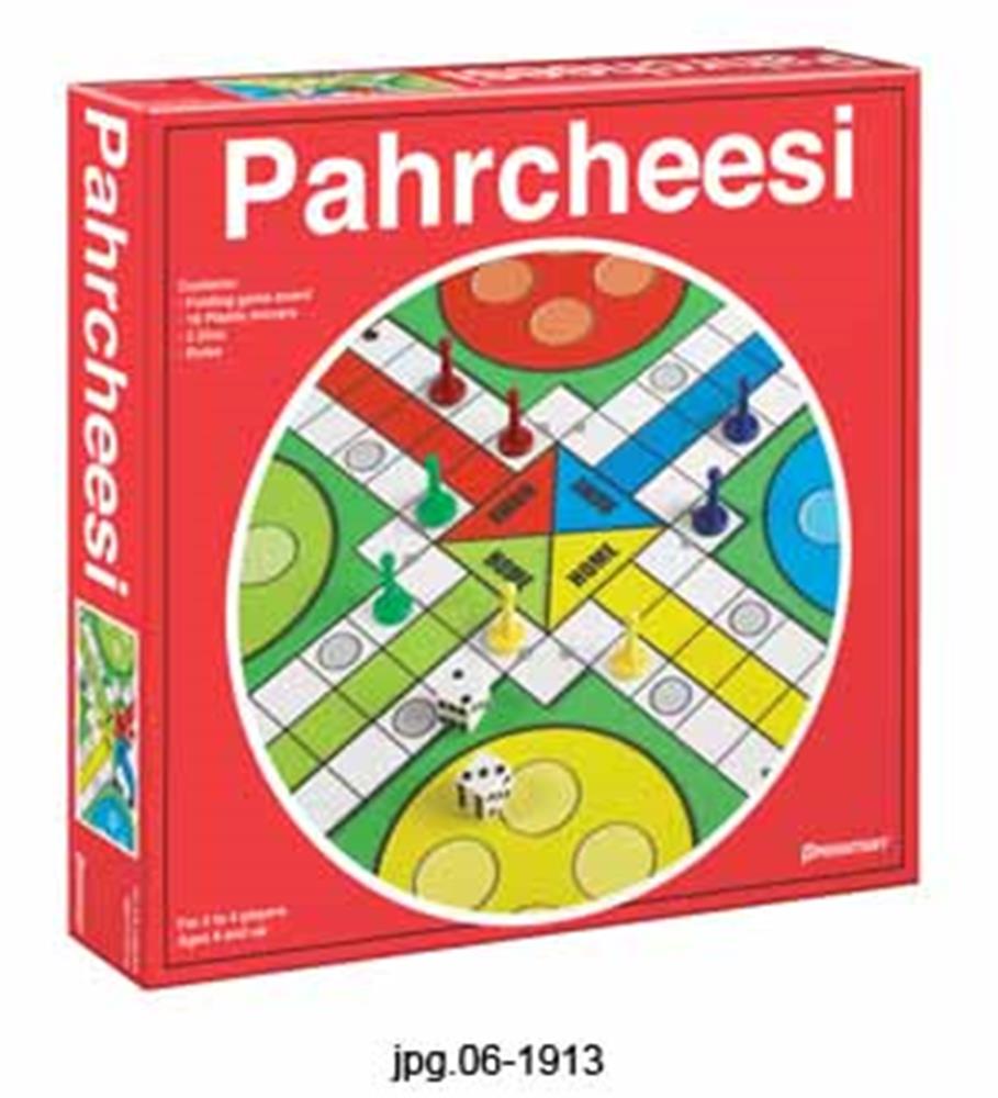 Parcheesi board game in red box with colorful circular game board and four sets of colored tokens (red, green, blue, yellow).