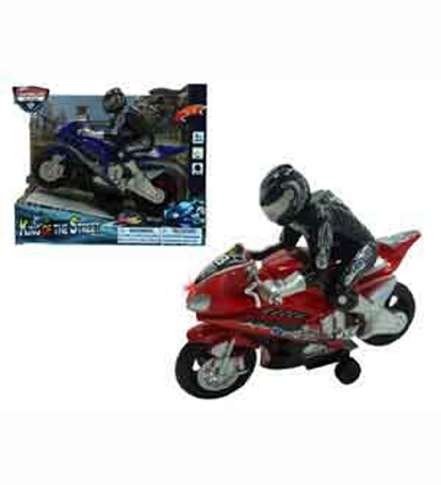 Red friction-powered toy motorcycle with black wheels and rider figure in black gear and helmet.