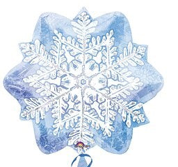 Light blue 18-inch foil balloon shaped like a detailed white snowflake with metallic sheen and ribbon tail.