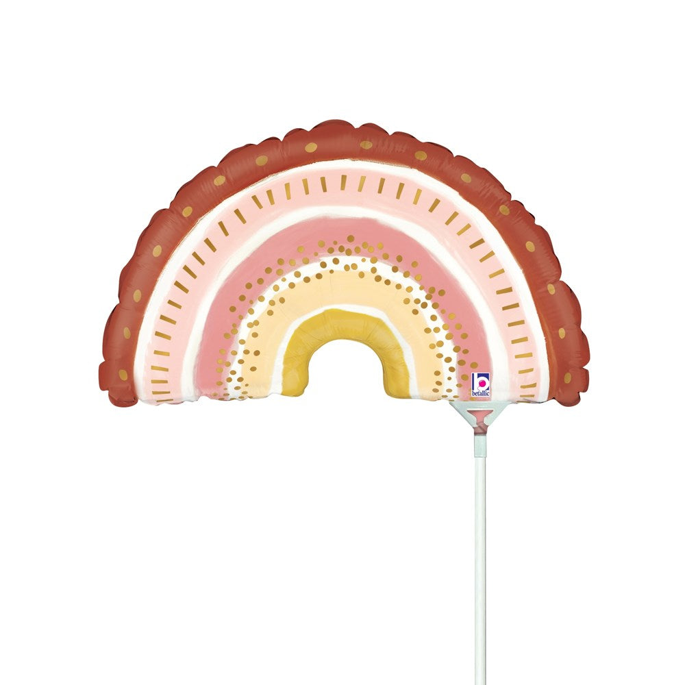 14-inch mini rainbow-shaped foil balloon with warm earthy tones and scalloped edges.
