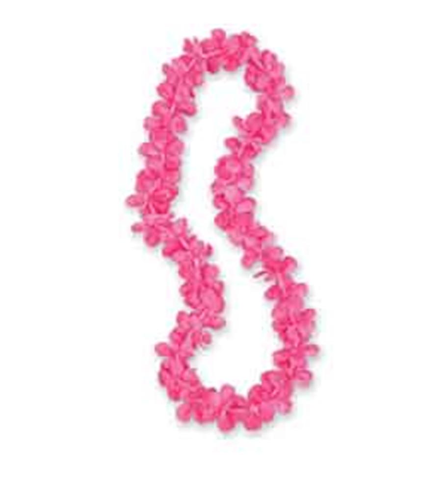 Bright hot pink synthetic flower lei with layered petals, 40 inches long, festive summer accessory.